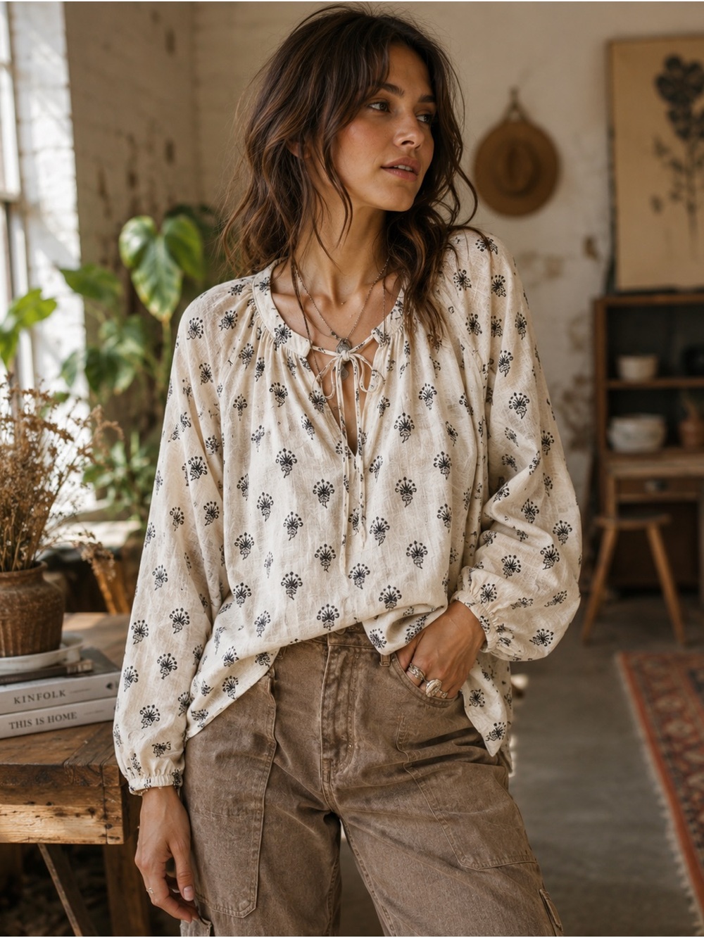 a new day Linen Blend Cream Peasant Blouse with Black Floral Print Size Large